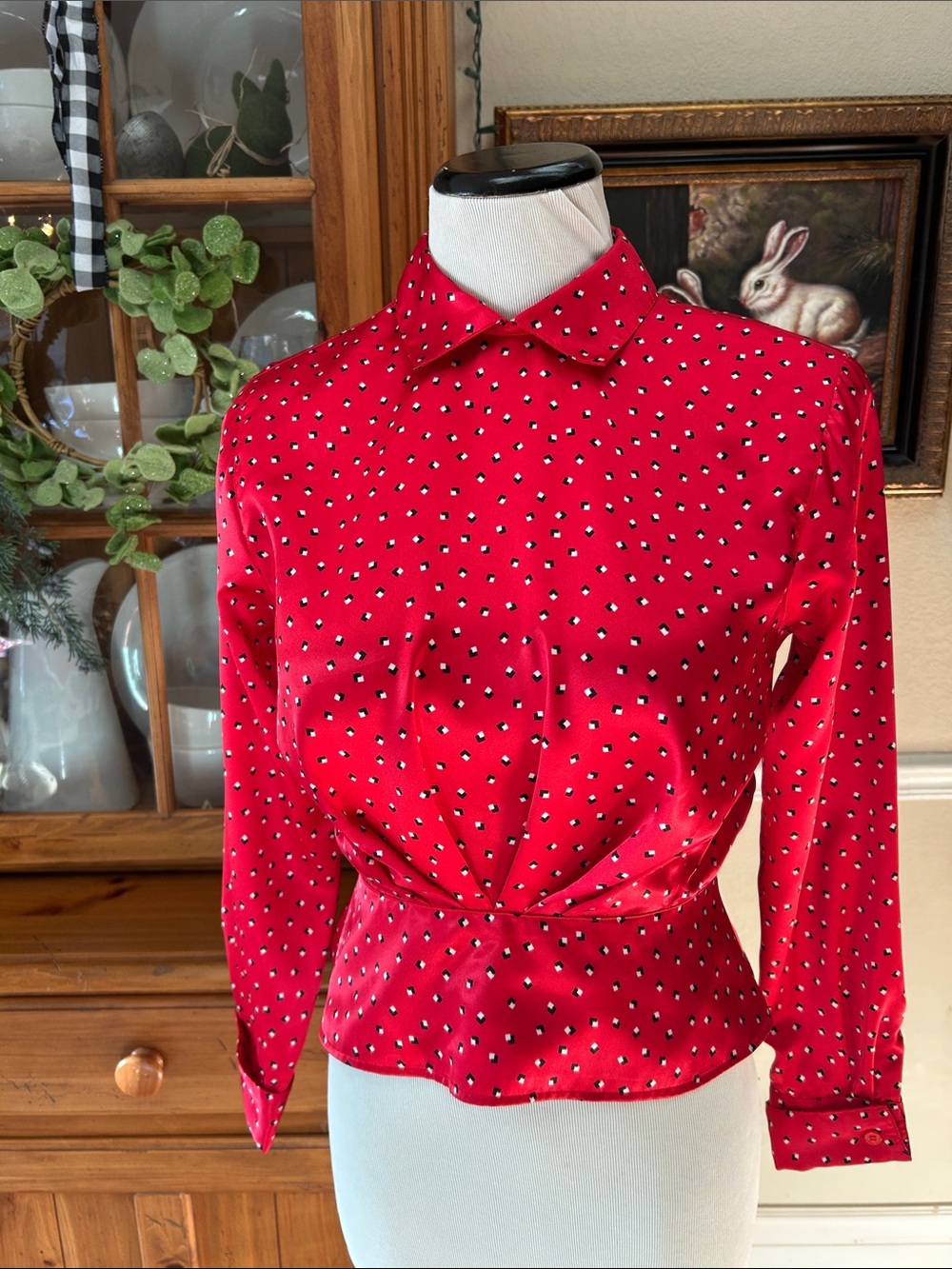 Jennifer Moore Red Long-Sleeve Collared Peplum Button-Down